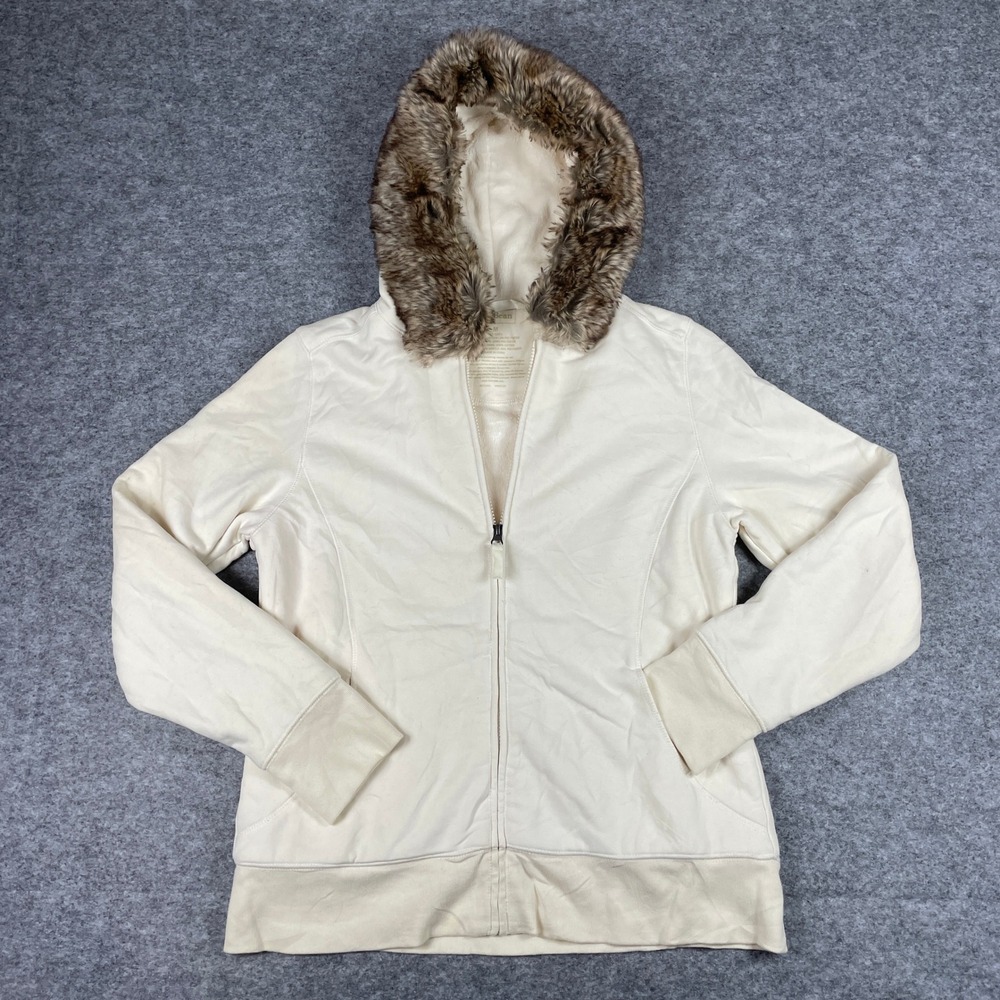 L.L. Bean Full Zip Hoodie Womens Medium Cream Faux Fur Trim Hood Fleece Lined